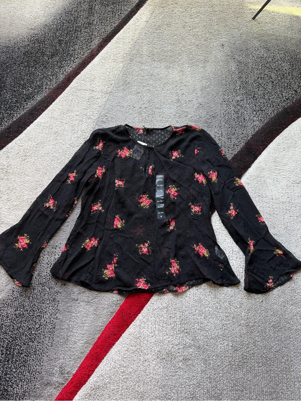 Lucky Brand Black Red Floral Sheer Long Sleeve Blouse